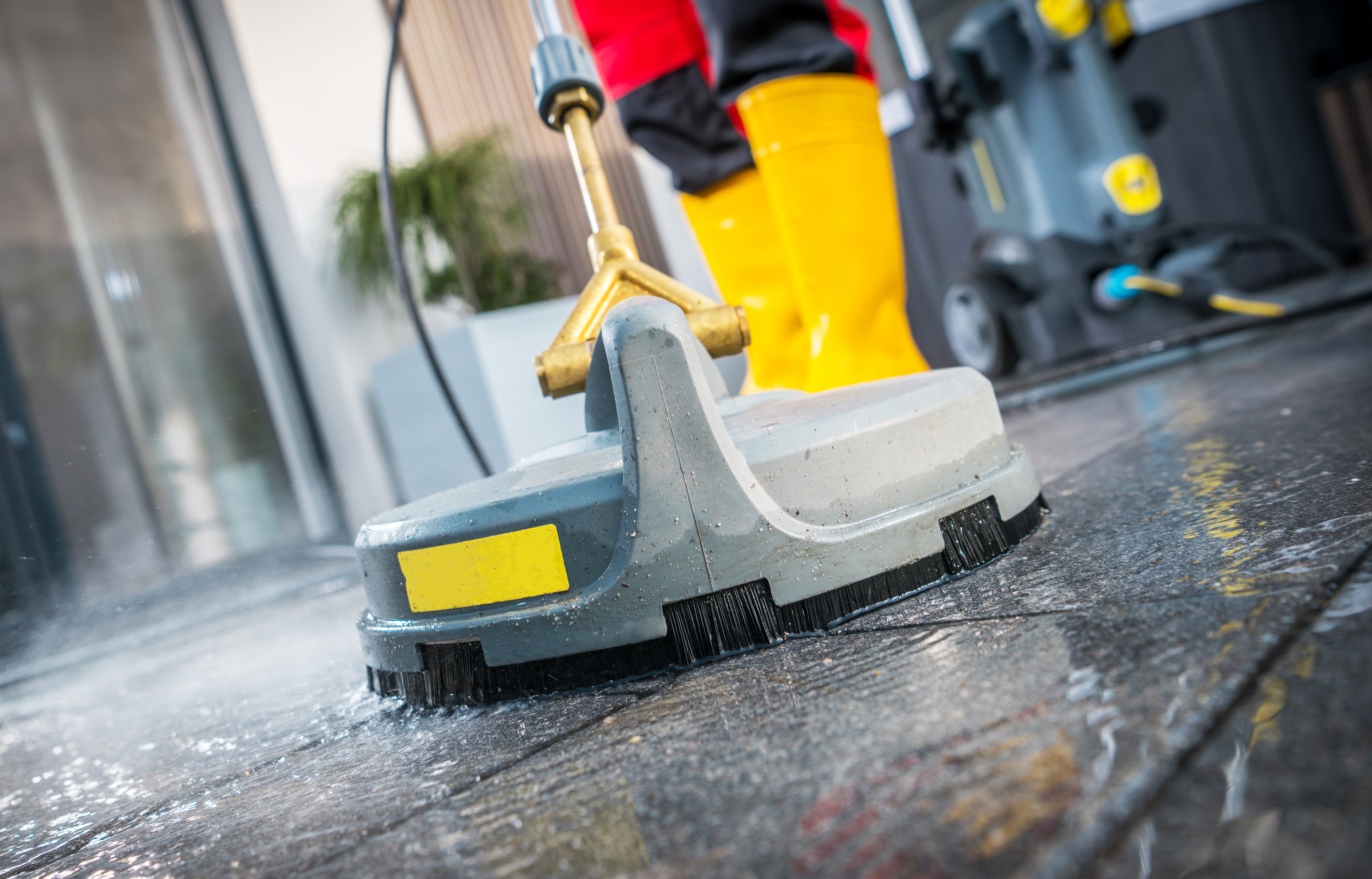Surface floor cleaning with scrubbing equipment